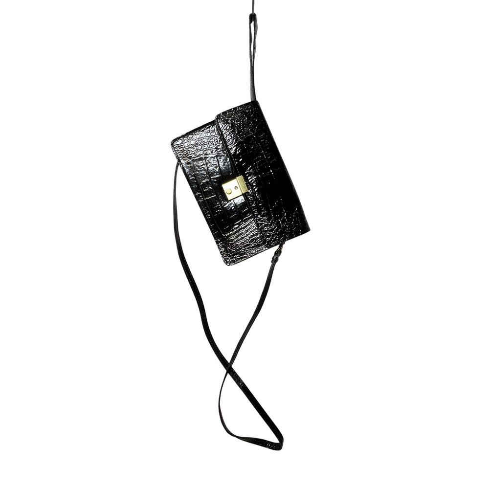 Vivace Womens Crossbody Bag Crocodile Embossed Leather Black Gold Lock crossbody